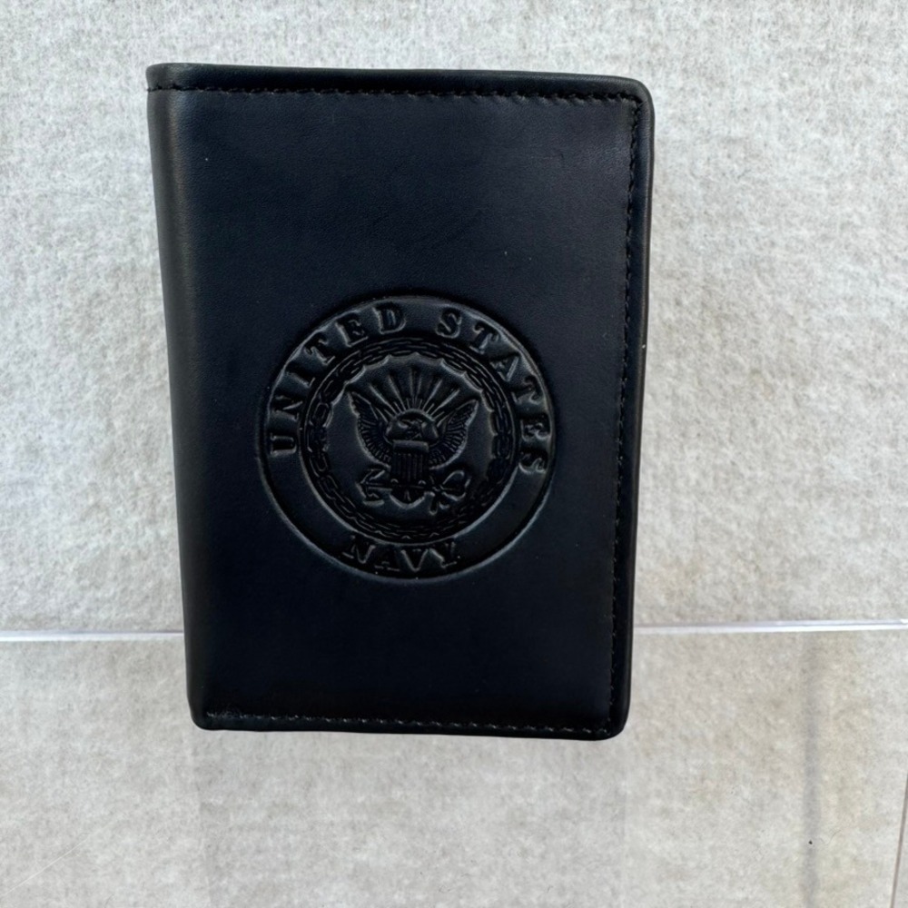 US Navy Black Genuine Leather Mens Trifold Wallet Embossed NWT